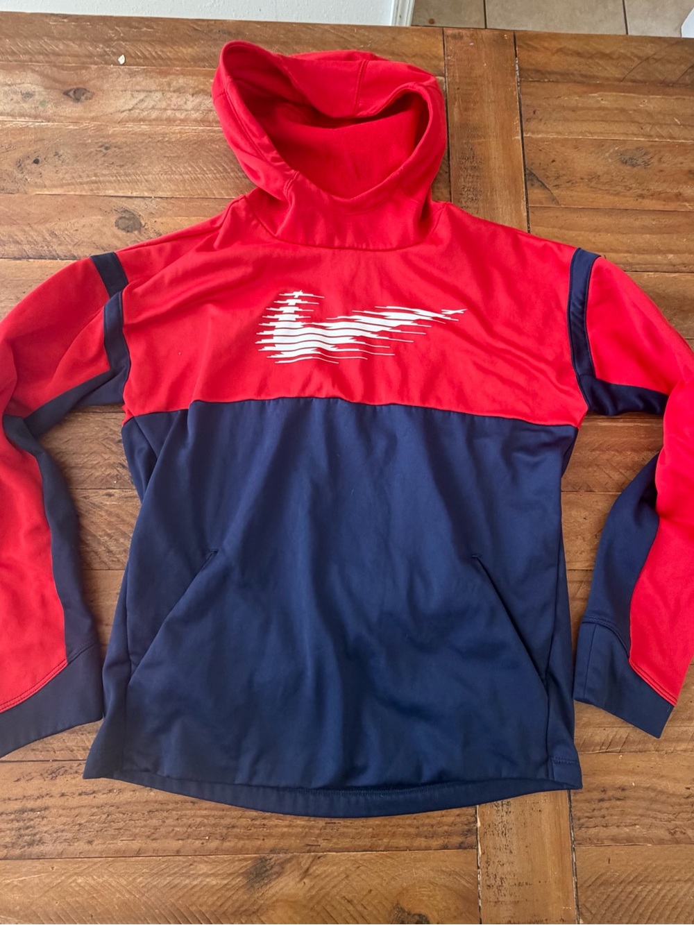 Nike Red and Navy Colorblock Youth Hoodie with White Swoosh